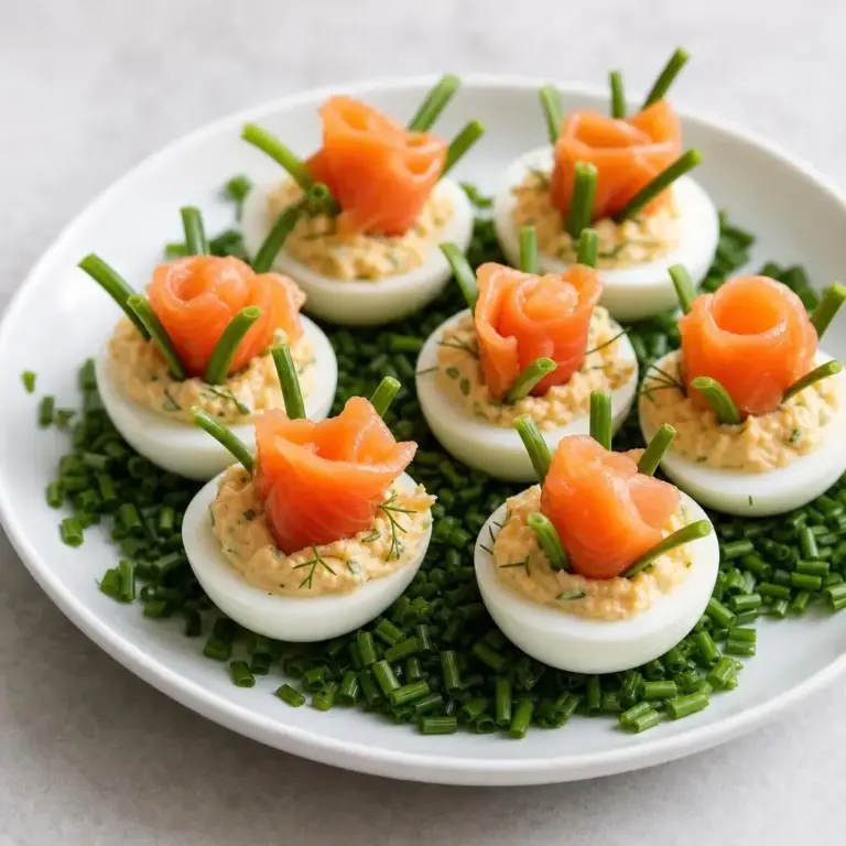 Stuffed Hard-Boiled Eggs with Smoked Salmon and Cheese on Chive Bed